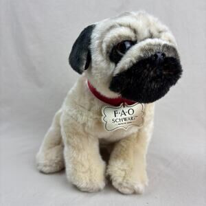 FAO Schwarz Pug Puppy Dog Plush Stuffed Animal Tan Red Collar Realistic 12"